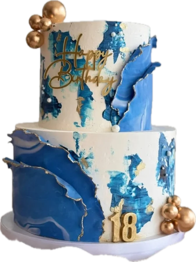 Zweistöckige Torte, blau marmoriert mit Goldrand und einer goldenen 18