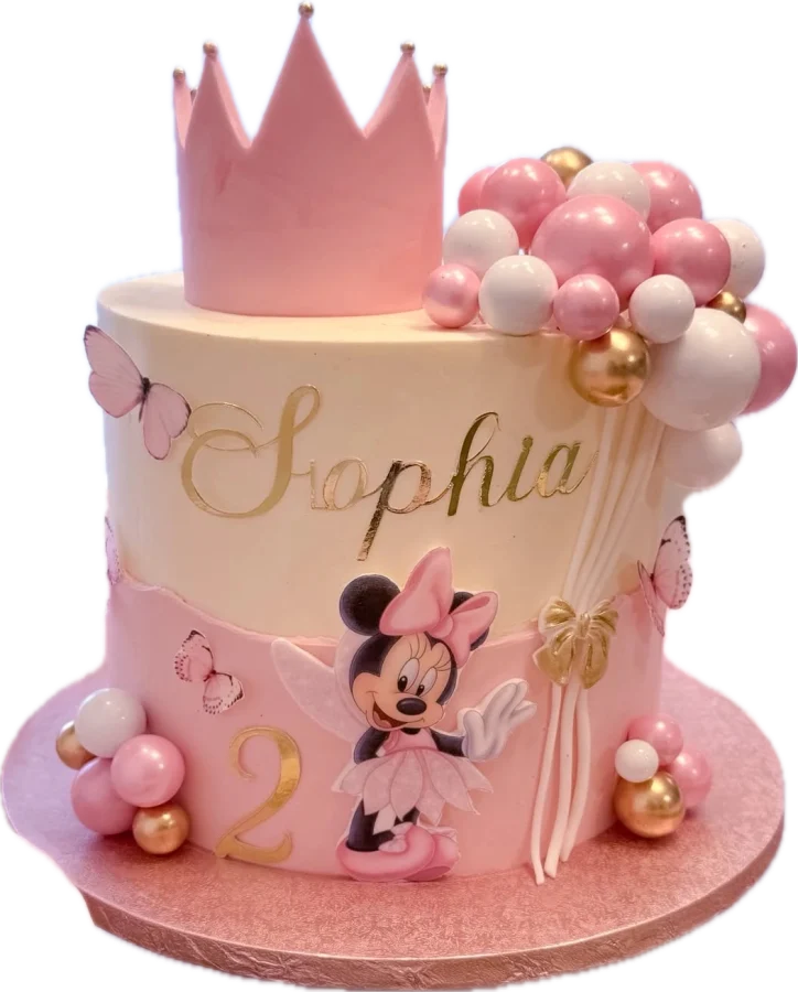 Rosa Torte mit Krone, Ballons aus Zucker, Minnie Maus und dem Namen Sophia