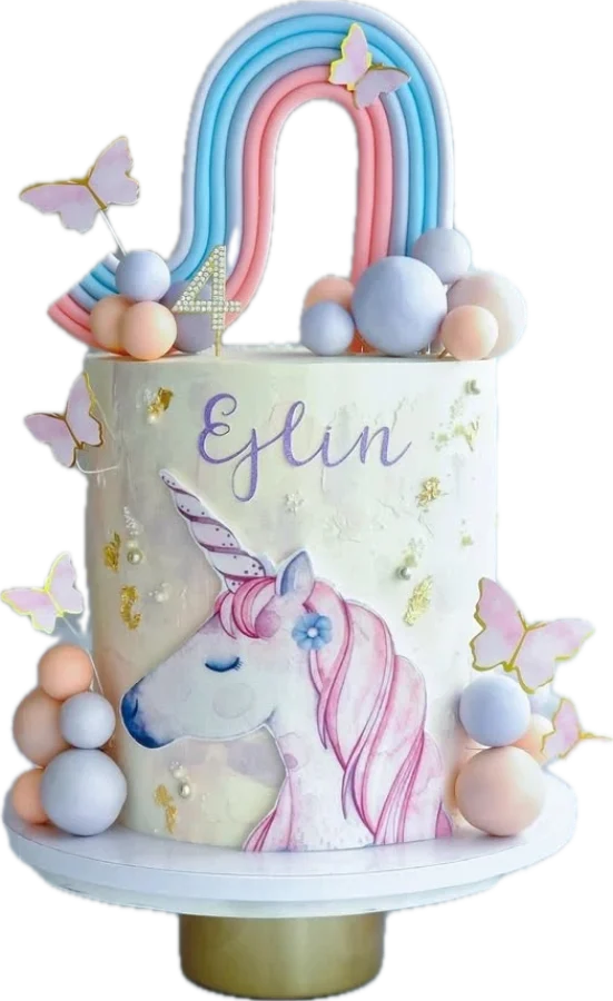 Hohe Torte mit Einhorn, Regenbogen, Schmetterlingen und dem Namen Eslin